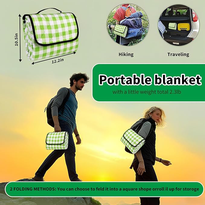 Picnic Outdoor Blankets, Extra Large 79x79in Beach Blanket, Thick 3-Layers Camping Waterproof Mat for Camp Hiking Park, Portable Foldable Rug for Family-Green, Sandproof & Machine Washable