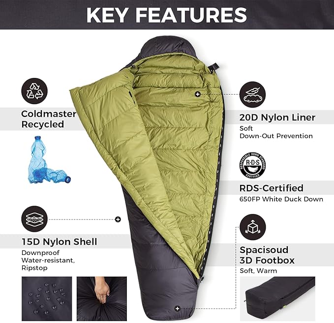 ATEPA Down Sleeping Bag for Adults, 650FP Recycled Mummy Cold Weather Ultralight 3 Season Waterproof Compact Packable Sleeping Bag with Stuff Sack & 15D Nylon Shell for Backpacking Camping Hiking