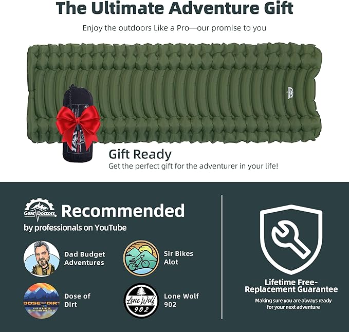 GearDoctors® Ether Ultralight Sleeping Pad 17.5oz – Compact Camping Air Mattress – Inflatable Sleeping Mat for Backpacking, Hiking, Tent, Outdoor Travel