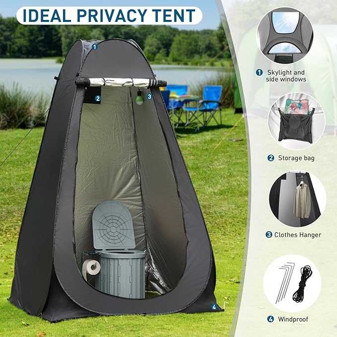 Portable Camping Toilet with Pop-Up Privacy Tent, 12-inch Toilet Seat, Outdoor Portable Folding Toilet Potty for Adults Load Capacity of 400 Lbs, LED-Light Camping Bathroom