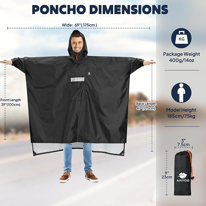 ANYOO Hooded Rain Poncho for Adults Waterproof Lightweight Rain Coat for Men Women Reusable Rain Jacket for Emergency Outdoor