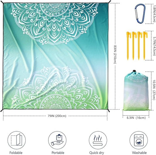 Beach Blanket, Wateresistant Sandproof Sand Free Beach Mat with Corner Pockets Portable Bag for Beach Festival,Picnic,Travel and Outdoor Camping Activties (Mandarin-Green,79"×83"(4 Person))