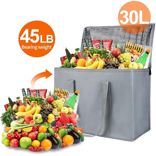 Bodaon 2-Pack Insulated Reusable Grocery Shopping Bags, X-Large Picnic Cooler Bag Zipper Zippered Top Cold, Grey