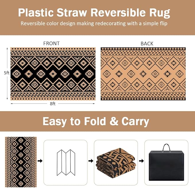 LILIOFFIC Outdoor Rugs - Reversible Mats, 5'x8' Plastic Straw Rug for Patio Clearance Waterproof, Indoor Outdoor Area Rug Carpet for Outside, RV, Deck, Picnic, Beach, Trailer, Camping, Black & Brown
