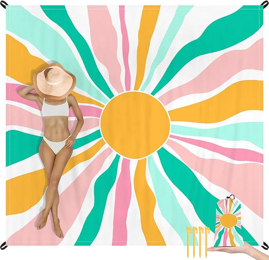 Beach Blanket Waterproof Sandproof, Oversized Picnic Blankets with Stakes and Sand Pockets, Lightweight Quick Drying, Extra-Large Portable Beach Mat for Outdoors, Camping, Hiking Trips-Spring Sunshine