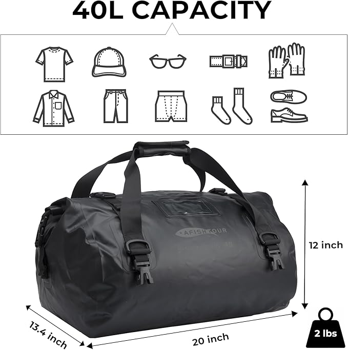 40L Waterproof Motorcycle Duffel Bag - Motorcycle Luggage Tail Bag with Straps for Back Seat - Roll Top Dry Bag for Kayaking, Rafting, Boating, Camping, Travel, Beach (Black)