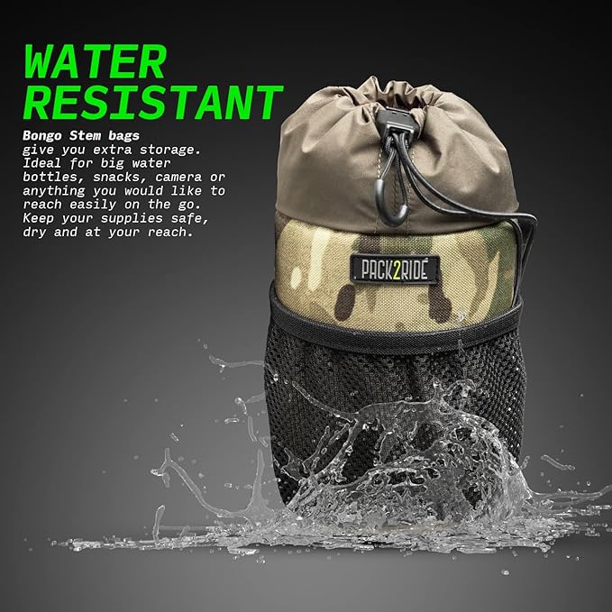 Bongo Bike Handlebar Bag - Water Resistant & Durable Fabric Bicycle Water Bottle Holder, Secure Attachment Bikepacking Stem Bag, Front Biking Storage, Bike Organizer for Cycling - Camo