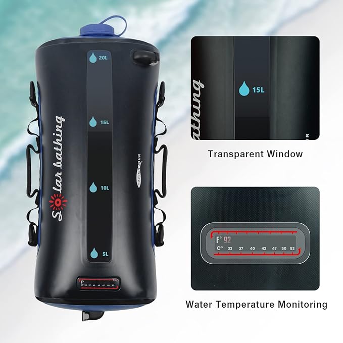 Portable Camping Shower Bag, 20L/5.4 Gallons Solar Shower Bag with Pressure Foot Pump and Shower Nozzle for Beach Camping Swim Travel Hiking Trip