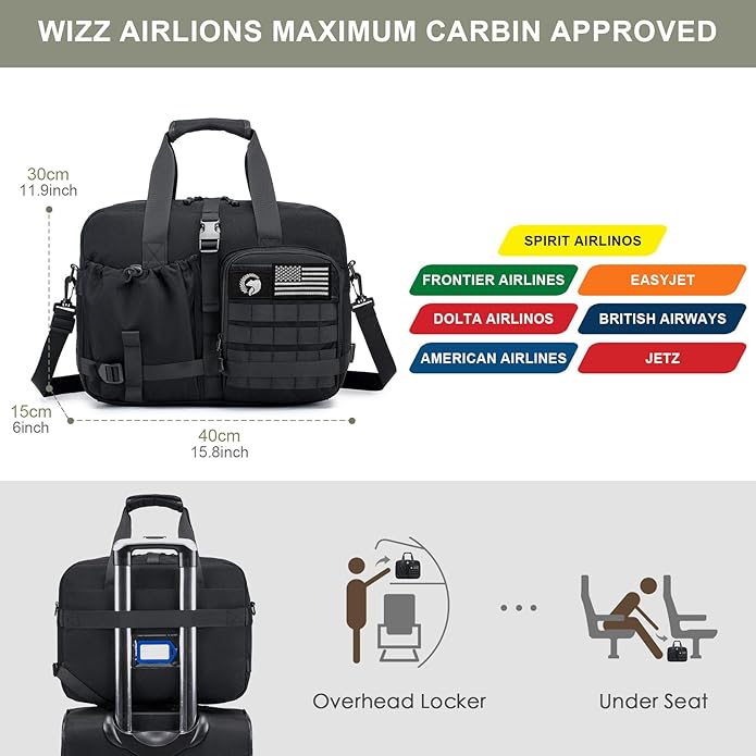 Tactical Travel Bag for Men Women, 15.6 Inch Laptop Bag Weekender Overnight Bag Carry on Bags for Airplane for Travel, Trip, Gym, Yoga with Adjustable Shoulder Strap Black