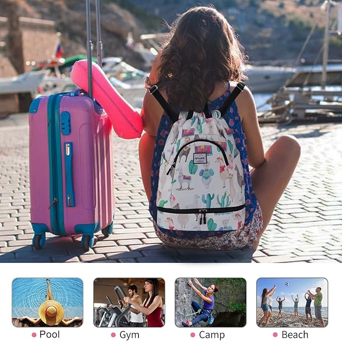 Dry Wet Drawstring Backpack with Shoe Compartment for Women Adjustable Gym Bag