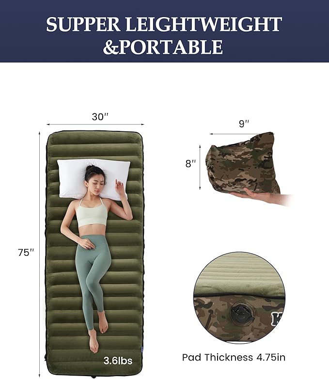 Inflatable Sleeping Pad for Camping, Extra-Thick 4.75 Inch Air Mattress with Soft Cotton Top, Machine Washable, Family Lightweight 4-Season Pad for Camping, Traveling & Hiking, Green