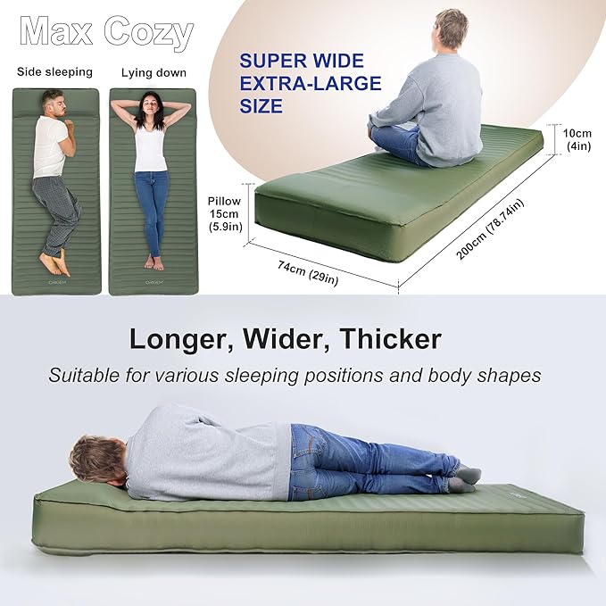 Origem Self Inflating Sleeping Pad, 4" Ultra-Thick Camping Mattress with Built-in Pump, Foam Campinging Mat for Tent, Traveling and Car, Easy to Inflate and Deflate (Green)