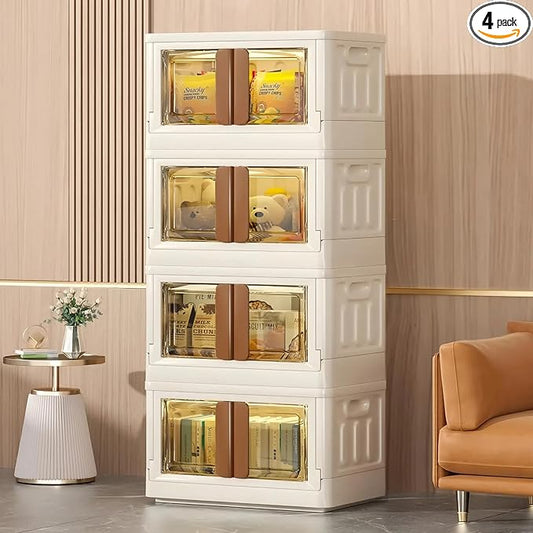 8.4Gal Collapsible Storage Bins with Lids & Wheels - 4 Pack Stackable with Doors, Heavy-Duty Plastic Containers for Home/Office, Milk White