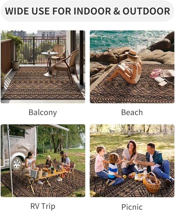 MontVoo-Outdoor Rug Carpet Waterproof 5x8 ft Reversible Patio Rug RV Camping Rug-Plastic Straw Rug Outside Indoor Outdoor Area Rug for Patio Deck Balcony Picnic Beach Outdoor Decor Boho Black Brown