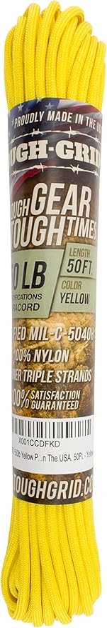 TOUGH-GRID Premium Yellow Paracord 550 lbs Made in USA Outdoor Survival Nylon Rope Tactical Heavy Duty Strands Parachute Cord Used by US Military Type III Mil-Spec