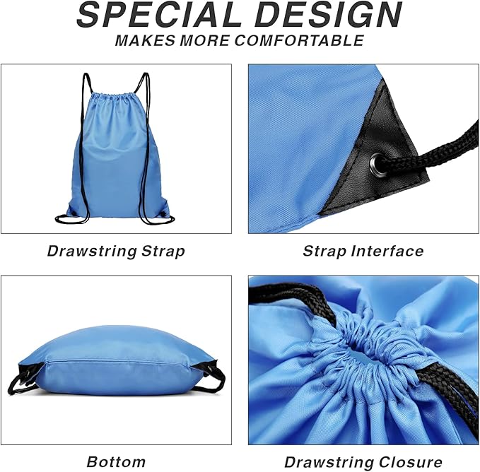 BuyAgain Drawstring Backpack Sports Water Resistant String Bag Sport Gym Sackpack for Women Men Large with Zipper, Baby Blue