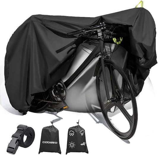 Bike Cover for 1 or 2 Bikes Outdoor Storage Waterproof Bicycle Cover for Transport on Rack, Rain Sun UV Dust Wind Proof with Wind-Secure Strap & Storage Bag, 420D Heavy Duty Bike Covers