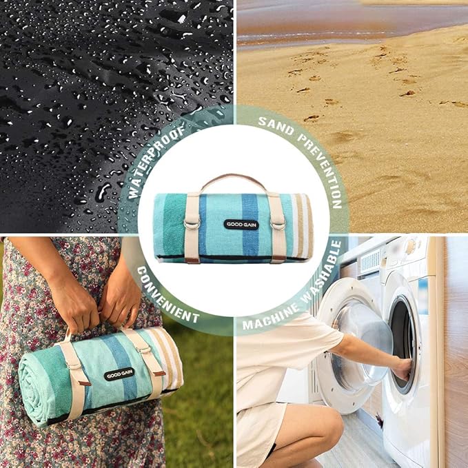G GOOD GAIN Picnic Blanket Waterproof & Sand Proof,Beach Blanket Portable with Carry Strap, XL Large Foldable Picnic Rug Machine Washable for Outdoor Camping Party,Wet Grass,Hiking,Kids Playground