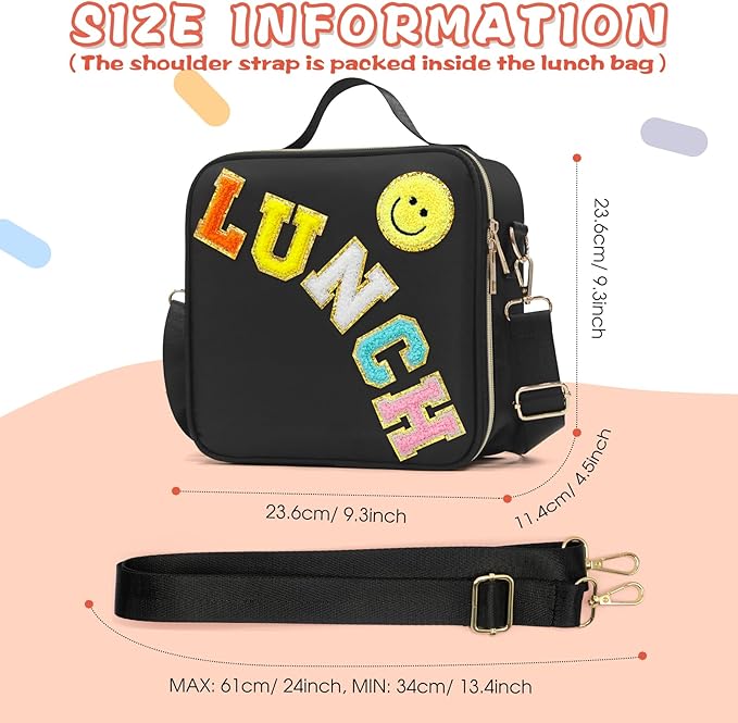 Insulated Lunch Bag Women Lunch Box Kids for Teen Girls Boys, Cute Preppy Lunch Boxes With Adjustable Shoulder Strap, Waterproof Nylon Lunchbox Lunch Bags for School Work Picnic (Black)
