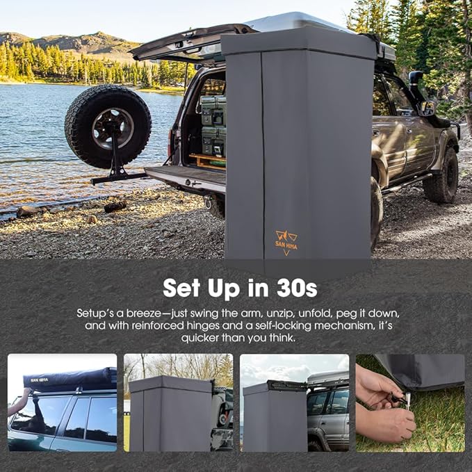 SanHima Awning Shower Tent with 90° Swning Arm - Car Side Shower Room w/LED Light, Camping Waterproof Portable Privacy Shelter Bathroom Overland, Gray