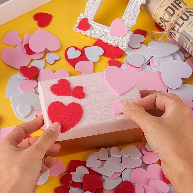 500 pcs Foam Heart Stickers Love Foam Hearts Self Adhesive Stickers Hearts for Valentine's Day Mother's Day DIY Crafts Gift for Kids, Assorted Size, 3 Colors