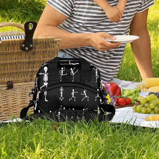 Black and White Skull Insulated Lunch Bags for Women Men Adult Skeleton Goth Reusable Lunch Tote Therma Cooler Bag with Shoulder Strap Lunch Box for School Work Office Picnic Meal Prep Bag