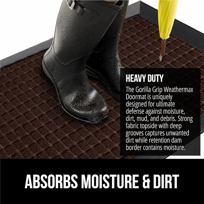 GORILLA GRIP 100% Waterproof All-Season WeatherMax Doormat, 23x35, Durable Natural Rubber, Stain and Fade Resistant, Low Profile, Indoor Outdoor Door Mats, Easy Clean Patio Entry Mat, Coffee Squares