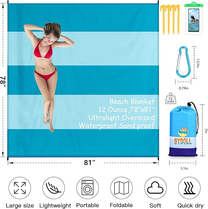 BYDOLL Beach Blanket 78''X81'' 4-7 Adults Oversized Lightweight Waterproof Sandproof Blanket for Beach Large Picnic Mat Travel Camping