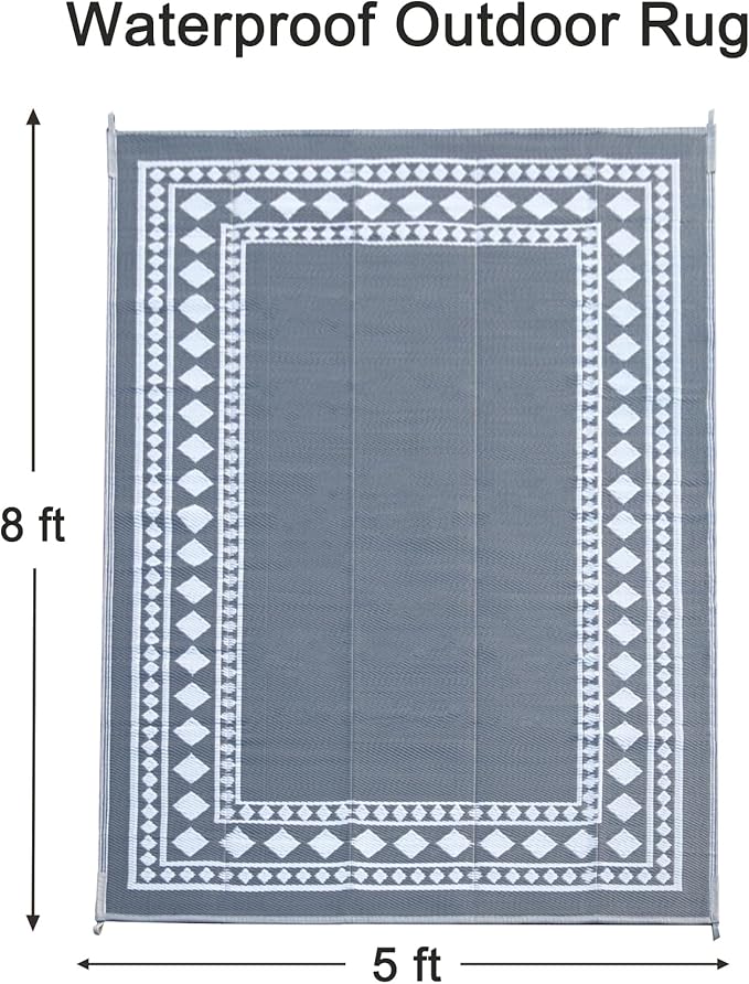 RURALITY Outdoor Rugs 5x8 Waterproof for Patios Clearance,Plastic Straw Mats for Backyard,Porch,Deck,Balcony,Grey and White