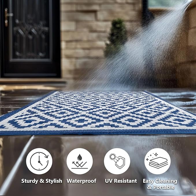 Outdoor Rug 8x10 Patio Waterproof, Plastic Straw Outdoor Carpet - UV Resistant Reversible Indoor Outdoor Rugs for Porch, Camping, Poolside, RV, Balcony, Easy to Clean, Blue and White