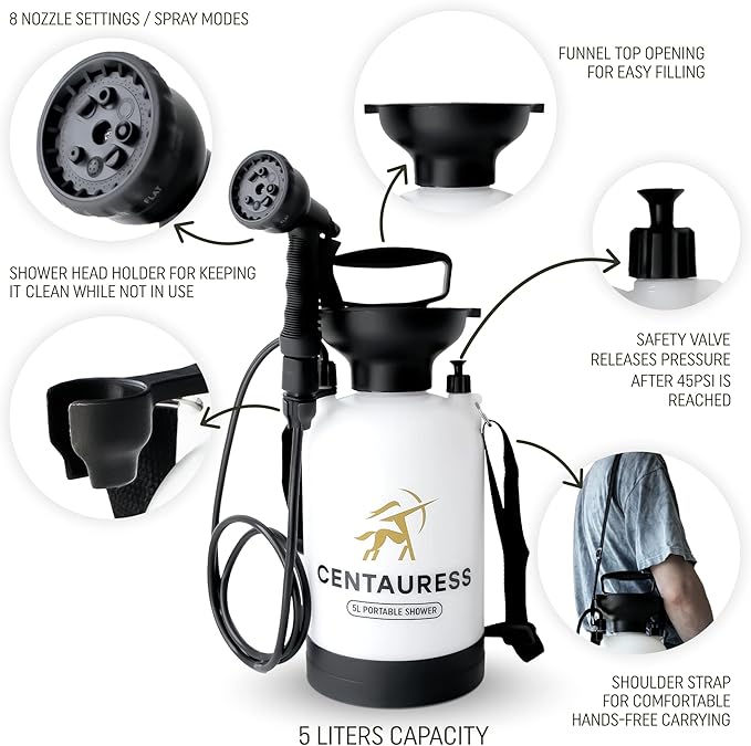 Portable Camping Shower Pump w/ Showerhead Holder and Safety Valve (45 PSI) - Portable Shower for Camping - Surf Rinse Kit - Beach Shower Pump – Camp Shower Kit - Portable Outdoor Shower Camping