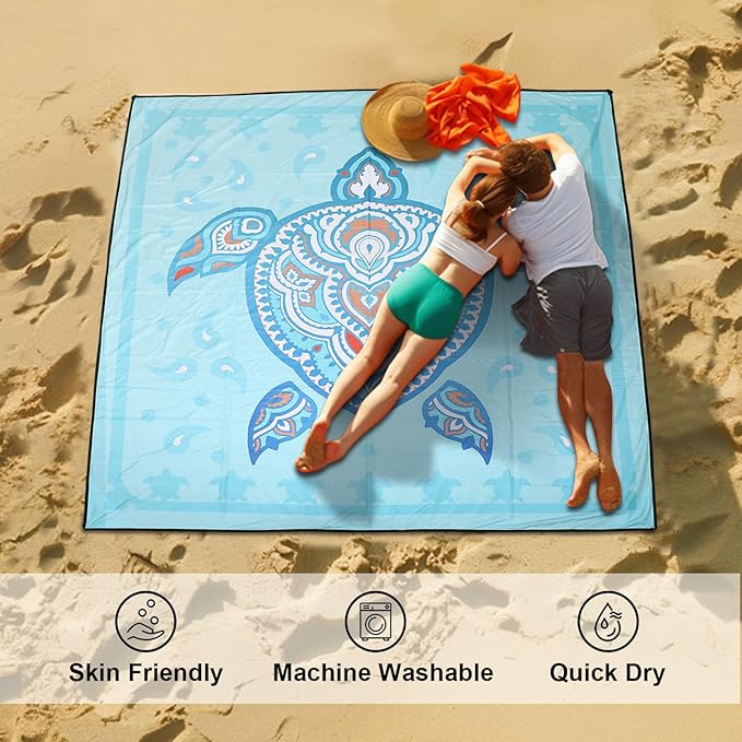 Beach Blanket Waterproof Sandproof, 79" x 83" Extra Large Sand Free Quick Drying Beach Mat, Compact Outdoor Picnic Mat for Travel, Hiking, Camping (Blue Sea Turtle)
