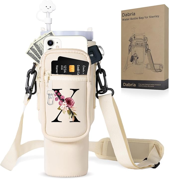 dabria Initial A-Z Water Bottle Bag with Phone Pocket for Stanley 40 oz Tumbler Neoprene Water Bottle Holder Pouch with Adjustable Strap Bollus with Straw Cover & Carabiner for Stanley Cup Accessories