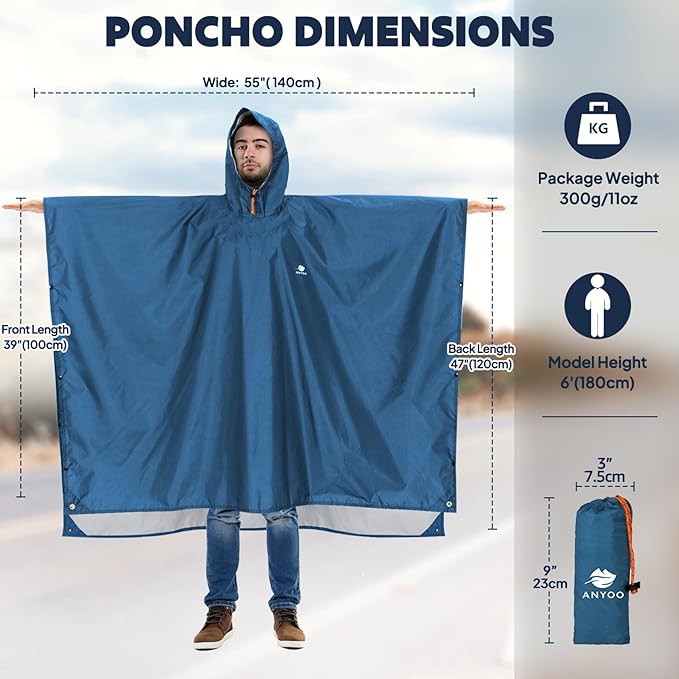 ANYOO Hooded Rain Poncho for Adults Waterproof Lightweight Rain Coat for Men Women Reusable Rain Jacket for Emergency Outdoor