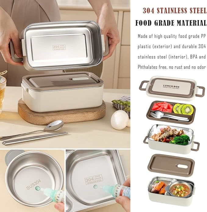 Bento Box Adult Lunch Box, Portable Insulated Lunch Containers Set, 2-Tier Stackable Stainless Steel Bento Boxes with Thermal Lunch Bag Soup Bowl, Leakproof Food Container