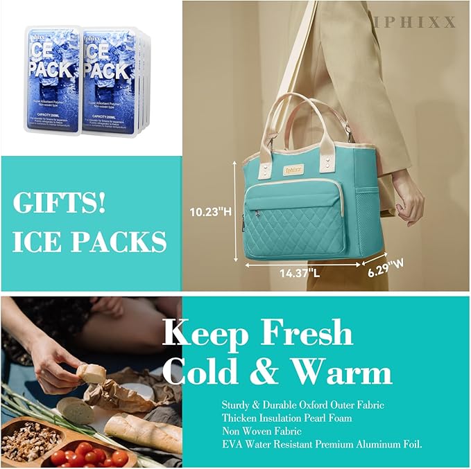 Lunch Bag Women Insulated Lunch Box for Adults - Leakproof Large Purse Lunch Tote Bags for Women with Adjustable Shoulder Strap Zipper Side Pockets for Work