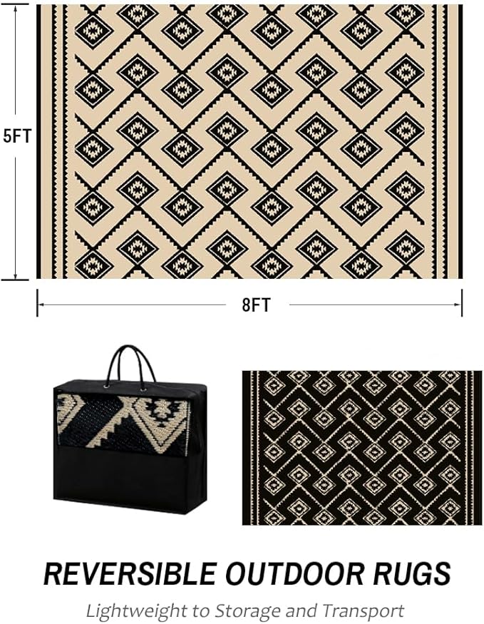 LILIOFFIC Outdoor Rugs - Reversible Mats, 5'x8' Plastic Straw Rug for Patio Clearance Waterproof, Indoor Outdoor Area Rug Carpet for Outside, RV, Deck, Picnic, Beach, Trailer, Camping(Black & Beige)