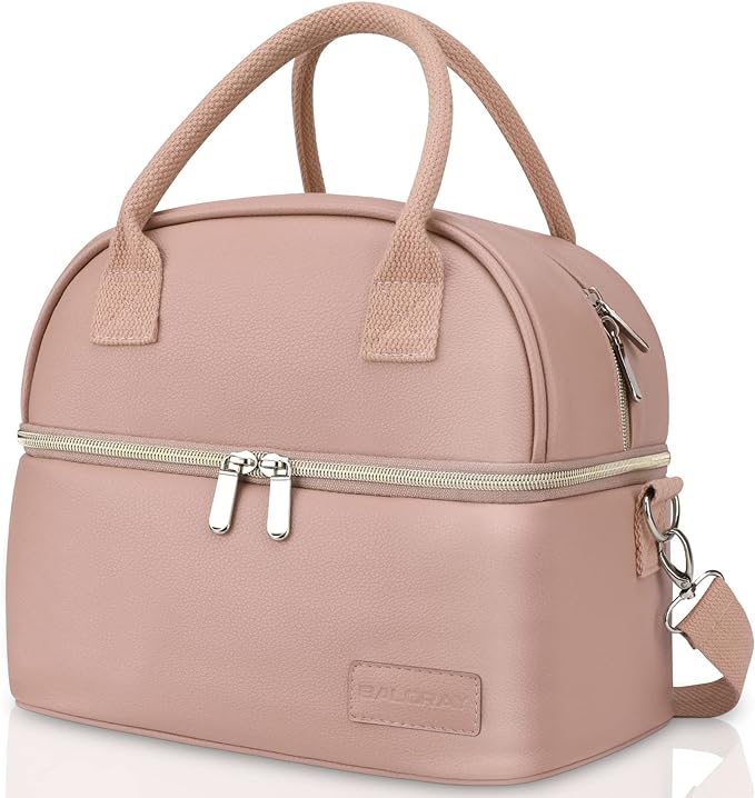 BALORAY Lunch Bag for Women Men, Double Deck Lunch Box for Adults, PU Leather Lunch Tote Bag Insulated Lunch Bags with Strap for Work Office Picnic
