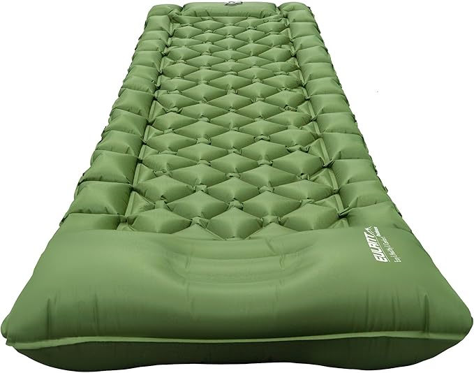 Single Sleeping Pad for Camping, Ultralight Inflatable Sleeping Mat with Pillow and Built-in Foot Pump, Portable Camping Mattress for Tent, Backpacking, Hiking, Traveling (Single,Green)