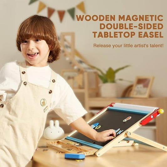 FUNLIO Anti-Warping Tabletop Easel for Kids Ages 3+ (100+ Pcs), Wooden Double-Sided Magnetic Table Easel with 3 Adjustable Angles, Kids Easel with Whiteboard, Chalkboard & Paper Roll, Foldable - Blue