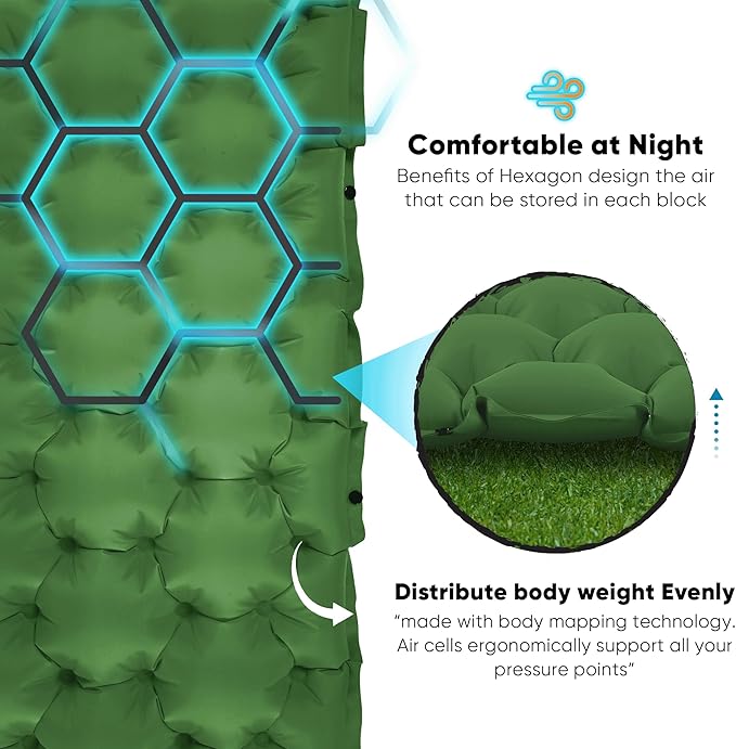 POWERLIX Double Camping Sleeping Pad Camping Pad for 2 Person with Pillow Built-in Foot Pump Inflatable Sleeping Pad, Backpacking, Hiking, Portable Camping Mattress Green