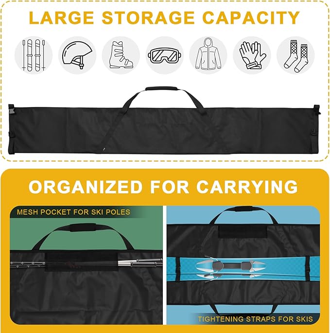 Cosmos Ski Bag Adjustable Length Skiing Travel Carry Ski Bag Snowboard Bag for Travel Skiing Accessory Equipment - Fits Ski Up to 200 cm Long, Water Resistant