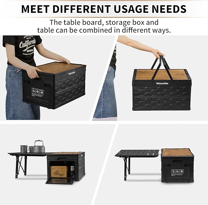 Naturehike Lispace Camping Table with Storage Box, 50L Collapsible Trunk Organizer with Lid, Folding Storage Bin for Camping Picnic Home