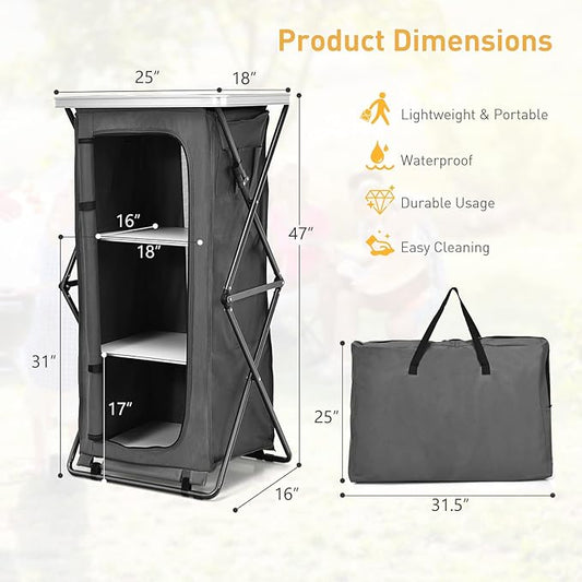 Goplus Folding Camping Storage Cabinet, Pop Up Outdoor Camping Kitchen Station with Large 3-Tier Storage Organizer, Carry Bag, Easy Set Up Portable Compact Camping Table for BBQ Picnic Backyard (47'')