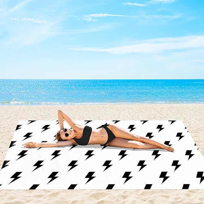 Beach Blanket Sandproof Waterproof, 110"×118" Extra Large Beach Mat, Portable Sand Free Picnic Blanket Oversized with 4 Stakes & Pockets for Travel, Outdoor Essentials, Black Lightning Simple Design