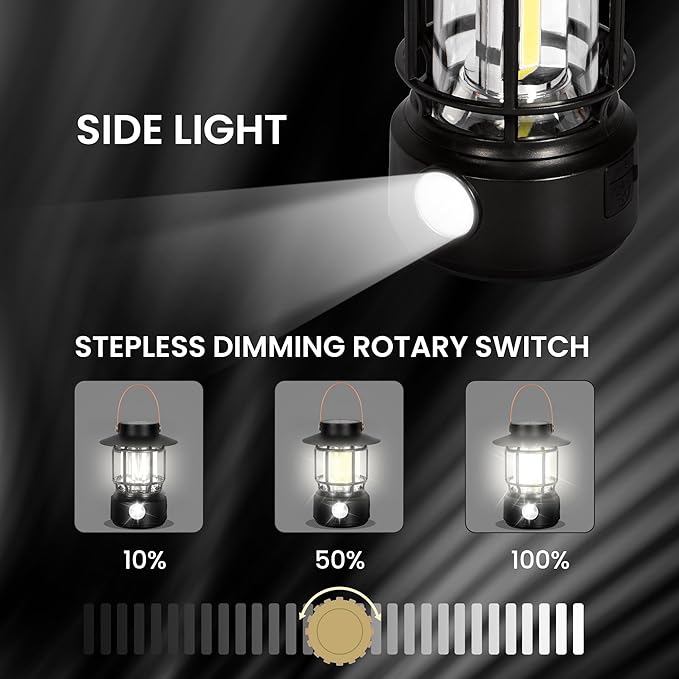 LED Camping Lantern, Solar Rechargeable Lantern Camping Lights with Side Lights, 1000LM Retro Style Portable Flashlight, IPX5 Waterproof Lanterns for Power Outages, Emergency, Hurricane, Hiking