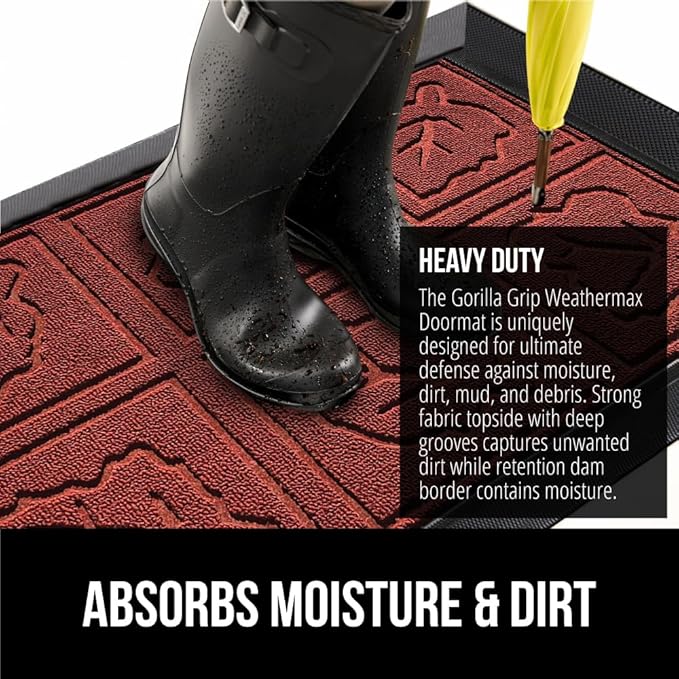 GORILLA GRIP 100% Waterproof All-Season WeatherMax Doormat, Durable Natural Rubber, Stain and Fade Resistant, Low Profile, Indoor Outdoor Door Mats, Easy Clean Entrance Mat, 17x29, Burgundy Leaves