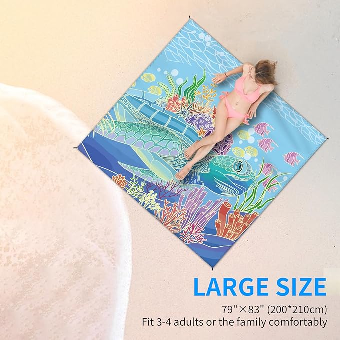 Beach Blanket Waterproof Sandproof Large Beach Mat 79" X 83" for 2-4 Adults Sand Free Mat Quick Drying,Lightweight & Durable with 4 Stakes & 4 Corner Pockets for Beach Travel Camping.(Sea Turtle)