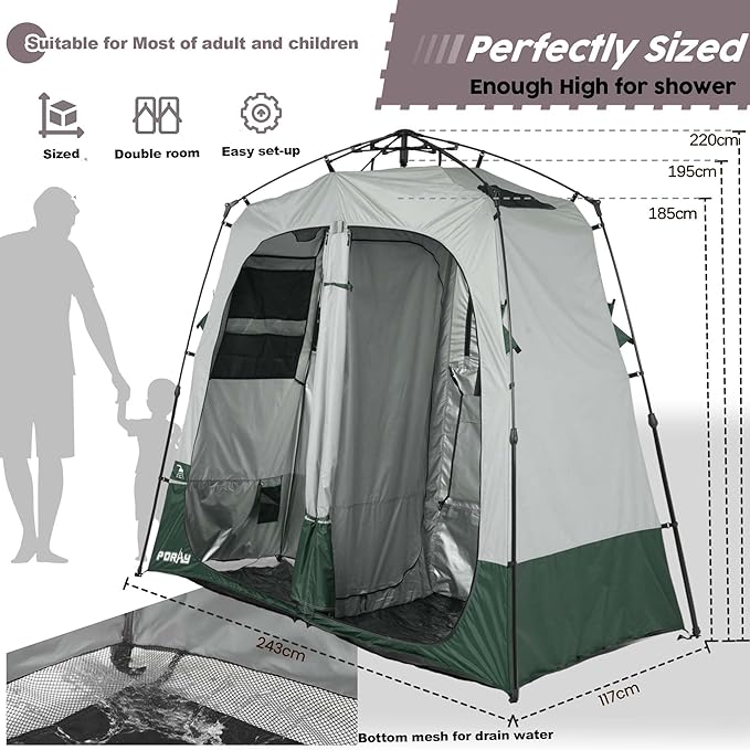 Camping Shower Tent Deluxe Changing Room Easy Set Up Privacy Shelter,Large Toilet Tent 2 Rooms with Floor Drain Design for Beach, Camping,Hiking with Stakes and Ropes for Stability