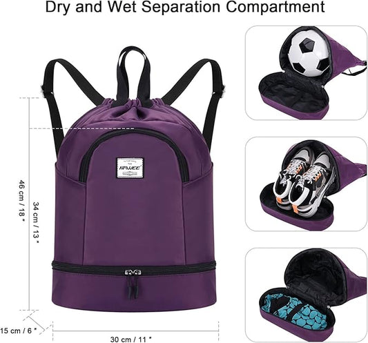 Dry Wet Drawstring Backpack with Shoe Compartment for Women Adjustable Gym Bag